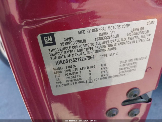 45667820 :رقم المزاد ، 1GKDS13S272257954 vin ، 2007 Gmc Envoy Sle مزاد بيع