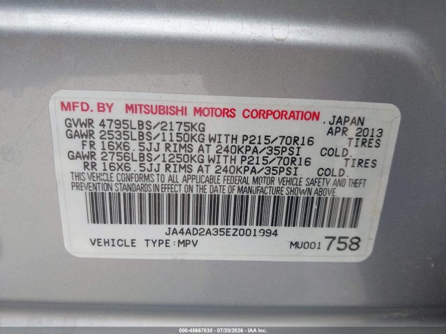 Mitsubishi Outlander Es 2014 JA4AD2A35EZ001994 Image 9