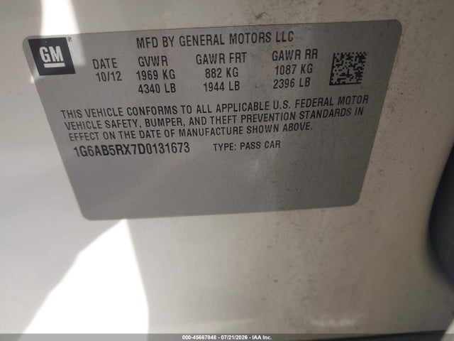 45667848 :رقم المزاد ، 1G6AB5RX7D0131673 vin ، 2013 Cadillac Ats Luxury مزاد بيع