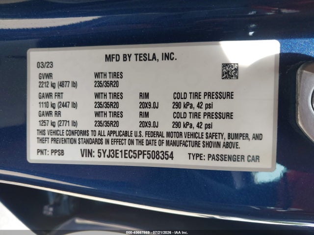 Aukcja sprzedaży 2023 Tesla Model 3 Performance Dual Motor All-wheel Drive, vin: 5YJ3E1EC5PF508354, numer aukcji: 45667869