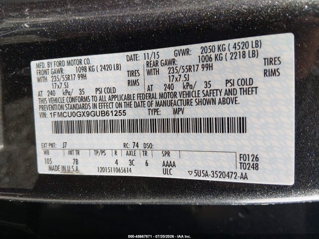 Ford ESCAPE SE 2016 1FMCU0GX9GUB61255 Image 9