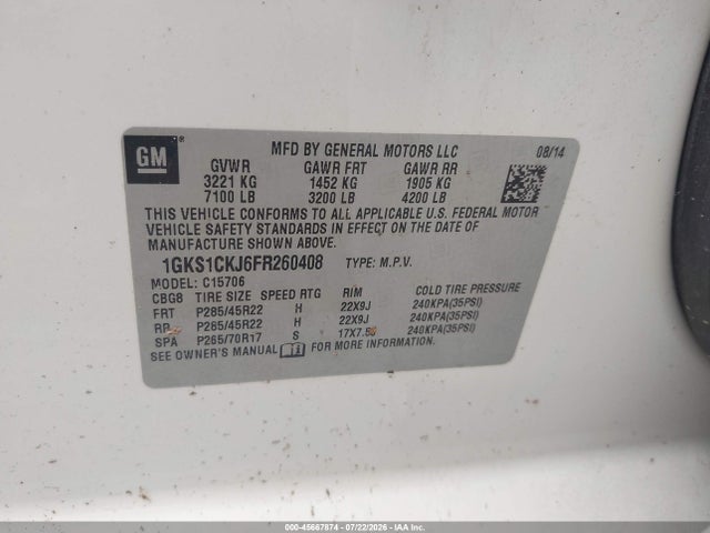 45667874 :رقم المزاد ، 1GKS1CKJ6FR260408 vin ، 2015 Gmc Yukon Denali مزاد بيع