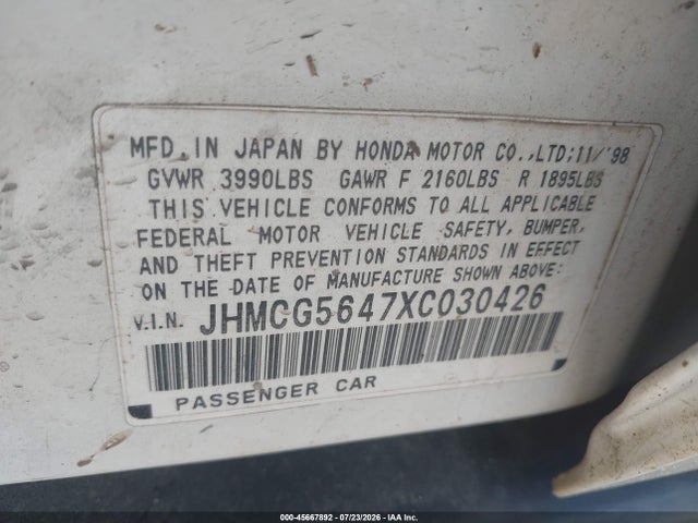 Продаж на аукціоні авто 1999 Honda Accord Lx, vin: JHMCG5647XC030426, номер лоту: 45667892