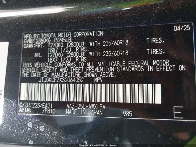 Auction sale of the 2025 Lexus Nx 350h Premium, vin: JTJGKCEZXS2064052, lot number: 45667905