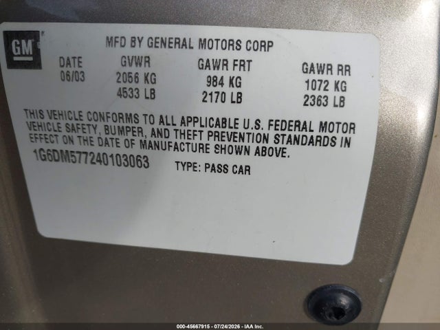 45667915 :رقم المزاد ، 1G6DM577240103063 vin ، 2004 Cadillac Cts Standard مزاد بيع