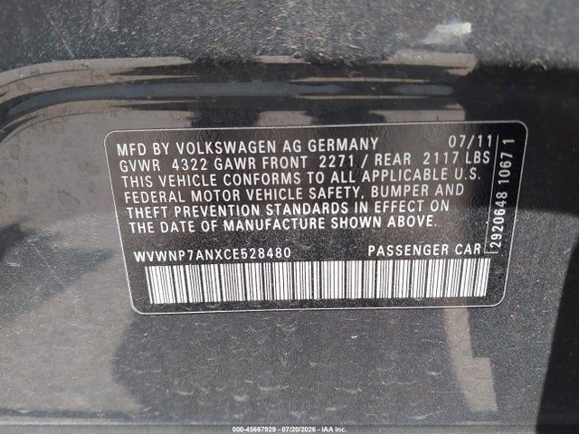 Продаж на аукціоні авто 2012 Volkswagen Cc Sport, vin: WVWNP7ANXCE528480, номер лоту: 45667929