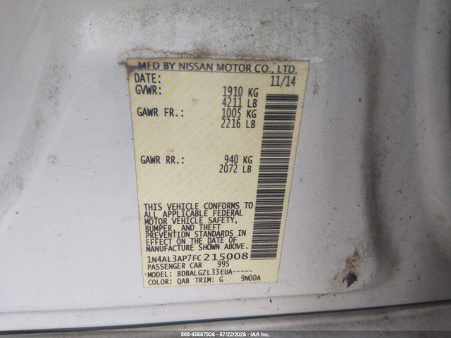 Продаж на аукціоні авто 2015 Nissan Altima 2.5/2.5 S/2.5 Sl/2.5 Sv, vin: 1N4AL3AP7FC215008, номер лоту: 45667936