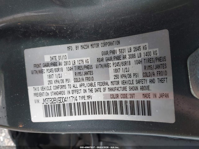 2013 Mazda Cx-9 Sport მანქანა იყიდება აუქციონზე, vin: JM3TB2BV9D0411714, აუქციონის ნომერი: 45667937
