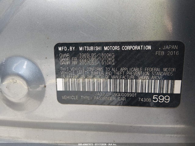 Aukcja sprzedaży 2016 Mitsubishi Lancer Es, vin: JA32U2FU9GU009901, numer aukcji: 45667973