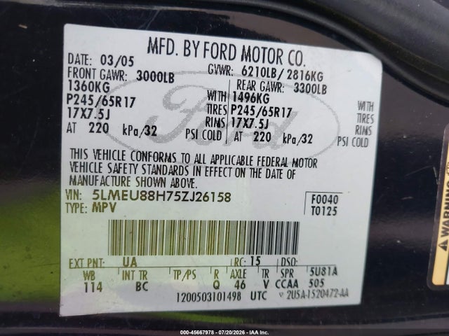 45667978 :رقم المزاد ، 5LMEU88H75ZJ26158 vin ، 2005 Lincoln Aviator مزاد بيع