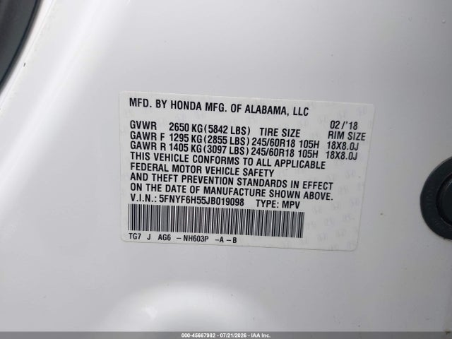 Honda Pilot Ex-l 2018 5FNYF6H55JB019098 Image 9