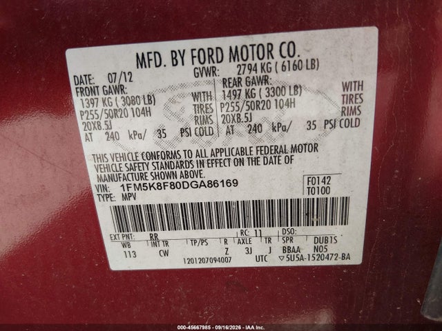Продажа на аукционе авто 2013 Ford Explorer Limited, vin: 1FM5K8F80DGA86169, номер лота: 45667985
