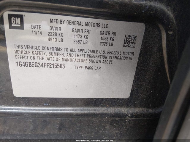 45667991 :رقم المزاد ، 1G4GB5G34FF215503 vin ، 2015 Buick Lacrosse Leather مزاد بيع