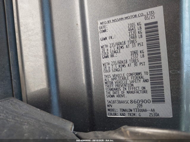 2025 Nissan Rogue Sv Fwd მანქანა იყიდება აუქციონზე, vin: 5N1BT3BAXSC860900, აუქციონის ნომერი: 45668000