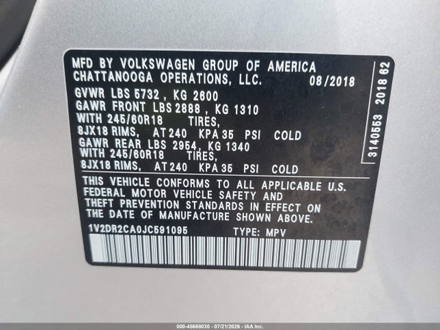 45668030 :رقم المزاد ، 1V2DR2CA0JC591095 vin ، 2018 Volkswagen Atlas 3.6l V6 Se/3.6l V6 Se W/technology مزاد بيع