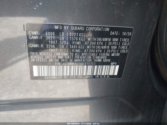 45668054 :رقم المزاد ، 4S4WMAAD5M3415353 vin ، 2021 Subaru Ascent مزاد بيع