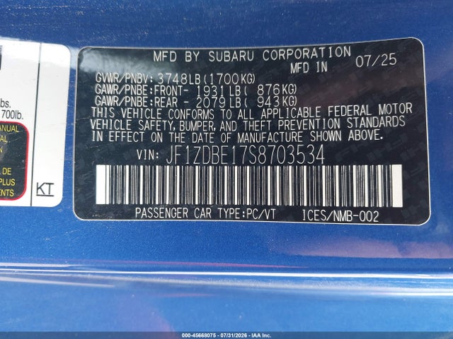 Продаж на аукціоні авто 2025 Subaru Brz Limited, vin: JF1ZDBE17S8703534, номер лоту: 45668075