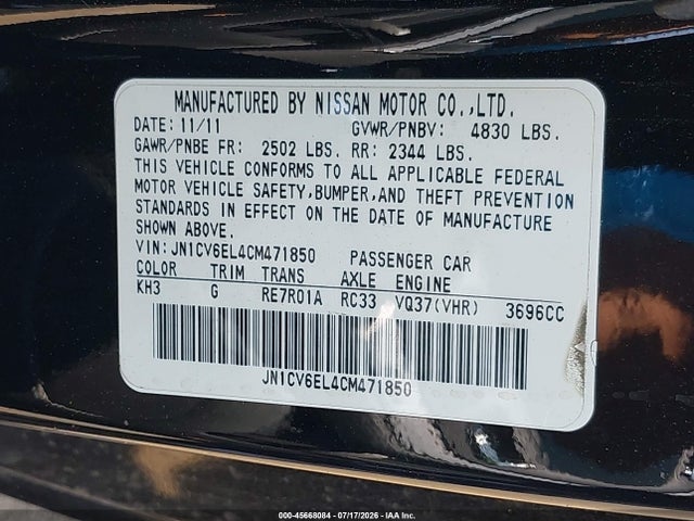 Продаж на аукціоні авто 2012 Infiniti G37x, vin: JN1CV6EL4CM471850, номер лоту: 45668084