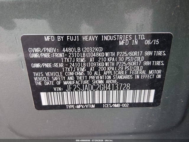 Продажа на аукционе авто 2016 Subaru Forester 2.5i Premium, vin: JF2SJADC2GH413728, номер лота: 45668086