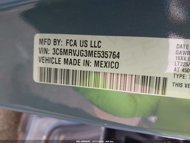 Продажа на аукционе авто 2021 Ram Promaster 3500 Cargo Van High Roof 159 Wb Ext, vin: 3C6MRVJG3ME535764, номер лота: 45668097