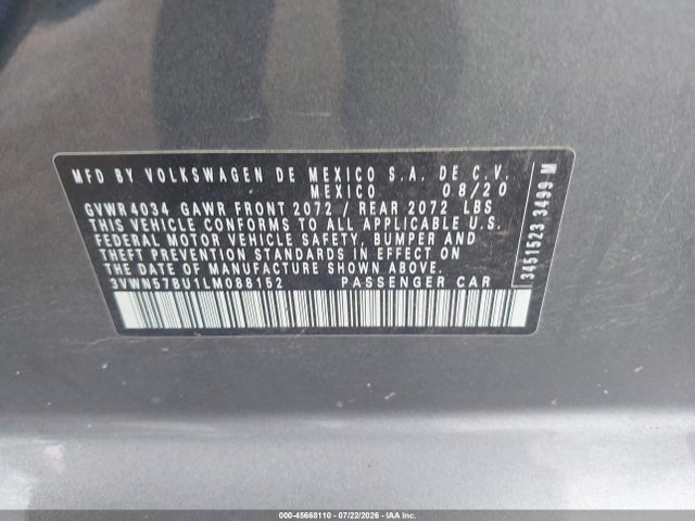 Aukcja sprzedaży 2020 Volkswagen Jetta 1.4t R-line/1.4t S, vin: 3VWN57BU1LM088152, numer aukcji: 45668110