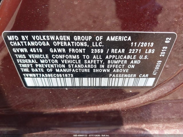2014 Volkswagen Passat 1.8t Se მანქანა იყიდება აუქციონზე, vin: 1VWBT7A39EC051873, აუქციონის ნომერი: 45668122