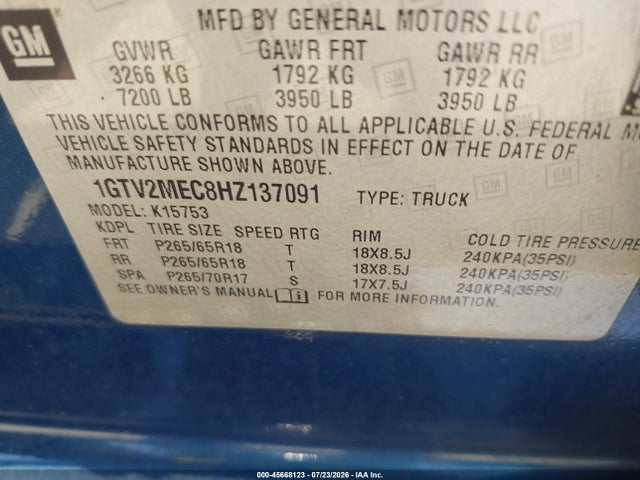 Aukcja sprzedaży 2017 Gmc Sierra 1500 Sle, vin: 1GTV2MEC8HZ137091, numer aukcji: 45668123