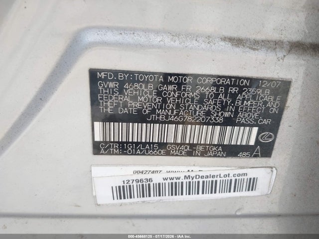 Продажа на аукционе авто 2008 Lexus Es 350, vin: JTHBJ46G782207338, номер лота: 45668125