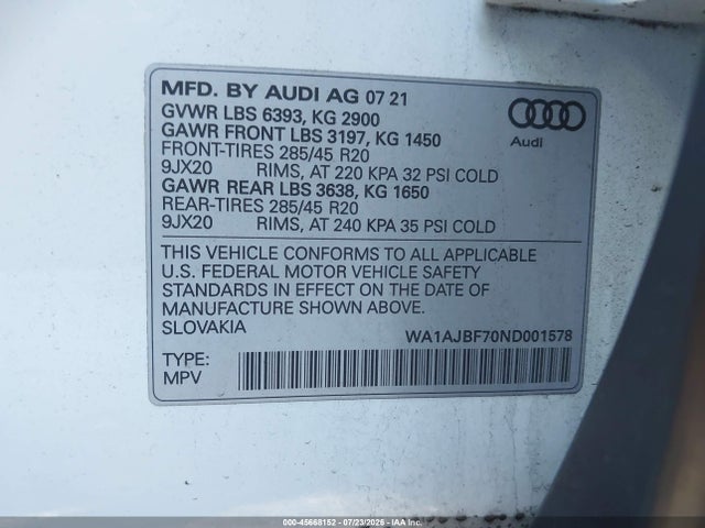 Продажа на аукционе авто 2022 Audi Q7 Premium 45 Tfsi Quattro Tiptronic, vin: WA1AJBF70ND001578, номер лота: 45668152
