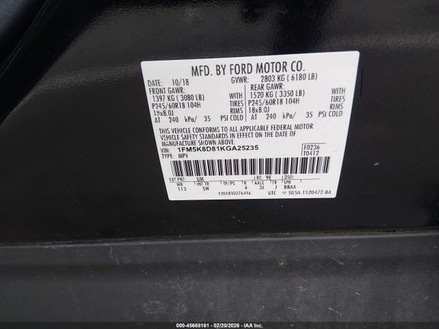 2019 Ford Explorer Xlt მანქანა იყიდება აუქციონზე, vin: 1FM5K8D81KGA25235, აუქციონის ნომერი: 45668161