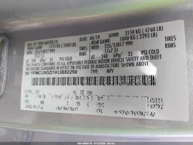 45668176 :رقم المزاد ، 1FMCU9GD1KUB82250 vin ، 2019 Ford Escape Se مزاد بيع