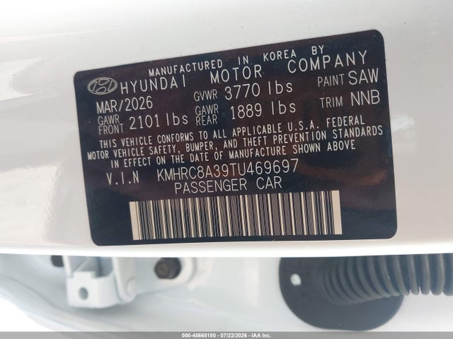 Auction sale of the 2026 Hyundai Venue Sel, vin: KMHRC8A39TU469697, lot number: 45668180