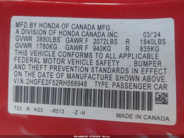 Honda Civic Sport 2024 2HGFE2F52RH568948 Image 9
