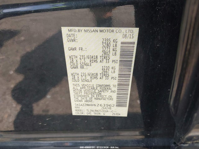 45668191 :رقم المزاد ، 5N1AZ2MH4FN263962 vin ، 2015 Nissan Murano Sl مزاد بيع