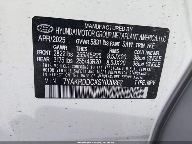 Продаж на аукціоні авто 2025 Hyundai Ioniq 5 Limited, vin: 7YAKRDDCXSY020862, номер лоту: 45668194