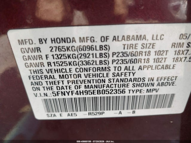 Honda Pilot Touring 2014 5FNYF4H95EB052356 Image 9