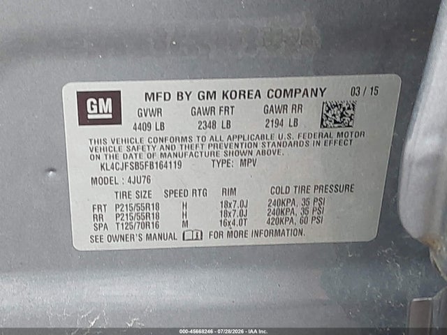 Aukcja sprzedaży 2015 Buick Encore Convenience, vin: KL4CJFSB5FB164119, numer aukcji: 45668246