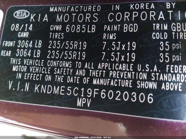 Aukcja sprzedaży 2015 Kia Sedona Sx Luxury, vin: KNDME5C19F6020306, numer aukcji: 45668258