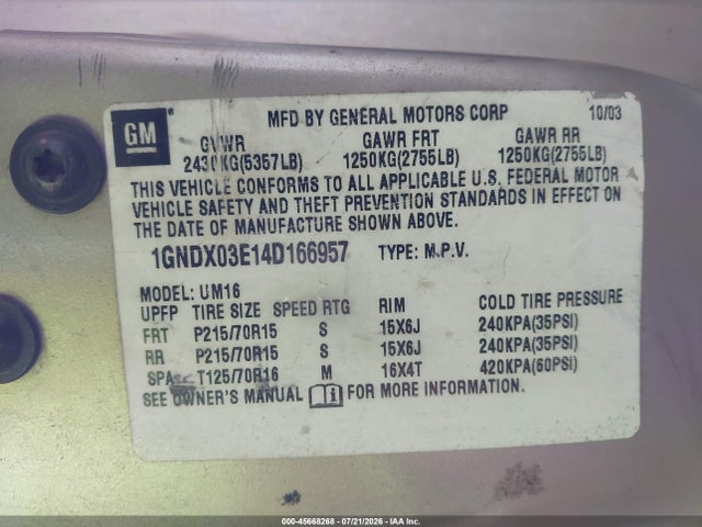 45668268 :رقم المزاد ، 1GNDX03E14D166957 vin ، 2004 Chevrolet Venture Ls مزاد بيع