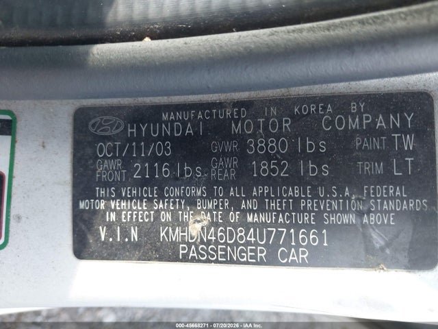45668271 :رقم المزاد ، KMHDN46D84U771661 vin ، 2004 Hyundai Elantra Gls/gt مزاد بيع