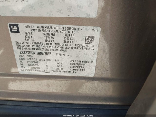 45668275 :رقم المزاد ، LRBFXDSA7HD092665 vin ، 2017 Buick Envision Essence مزاد بيع