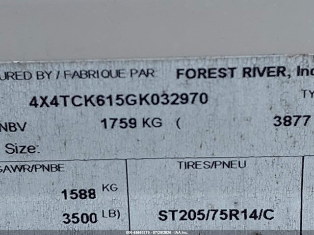 Продаж на аукціоні авто 2016 Forest River Patriot, vin: 4X4TCK615GK032970, номер лоту: 45668279