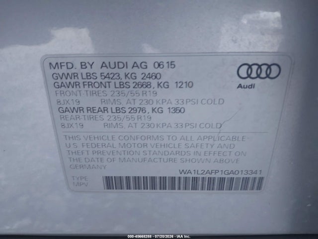 Продажа на аукционе авто 2016 Audi Q5 2.0t Premium, vin: WA1L2AFP1GA013341, номер лота: 45668288