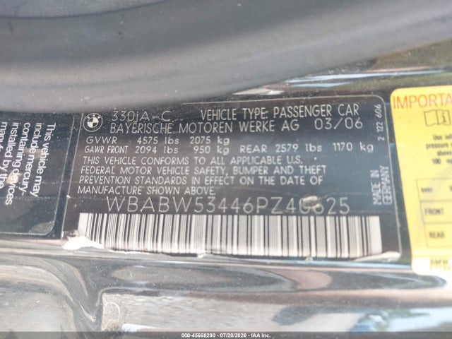 45668290 :رقم المزاد ، WBABW53446PZ40625 vin ، 2006 Bmw 330ci مزاد بيع