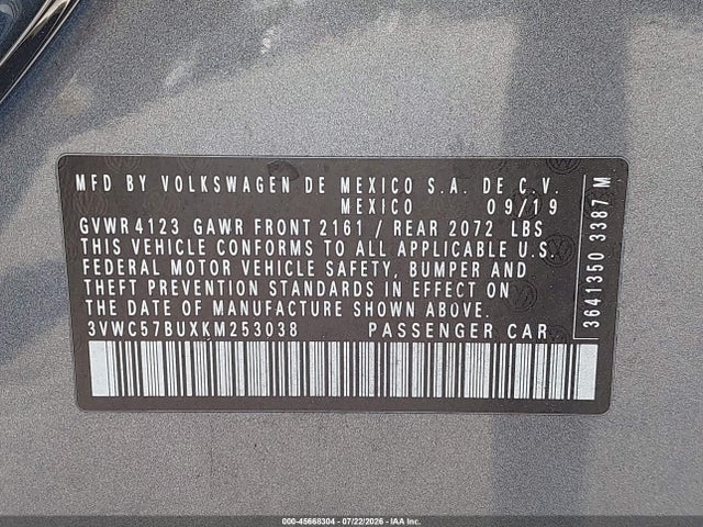 Продажа на аукционе авто 2019 Volkswagen Jetta 1.4t R-line/1.4t S/1.4t Se, vin: 3VWC57BUXKM253038, номер лота: 45668304