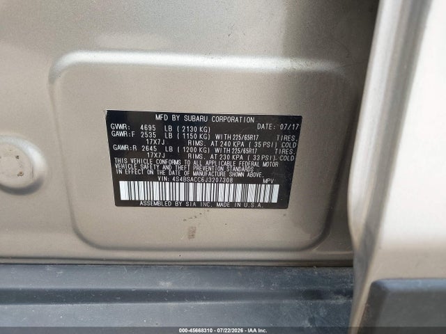 Продажа на аукционе авто 2018 Subaru Outback 2.5i Premium, vin: 4S4BSACC6J3207308, номер лота: 45668310