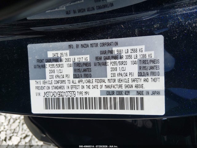 45668314 :رقم المزاد ، JM3TCADY9G0107379 vin ، 2016 Mazda Cx-9 Grand Touring مزاد بيع