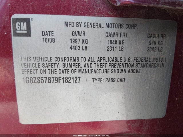 Продажа на аукционе авто 2009 Saturn Aura Xe, vin: 1G8ZS57B79F182127, номер лота: 45668331