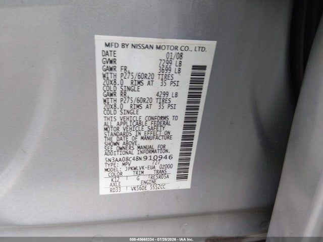Aukcja sprzedaży 2008 Infiniti Qx56, vin: 5N3AA08C48N910946, numer aukcji: 45668334
