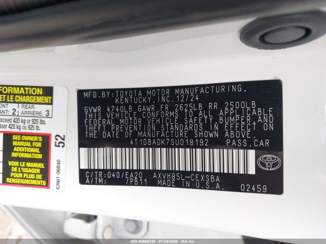 2025 Toyota Camry Se მანქანა იყიდება აუქციონზე, vin: 4T1DBADK7SU018192, აუქციონის ნომერი: 45668335
